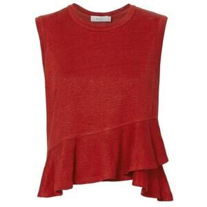 ALC 100% Linen Tomato Soup Red Asymmetric Sleeveless Tank Top Soft EUC S Ruffle
